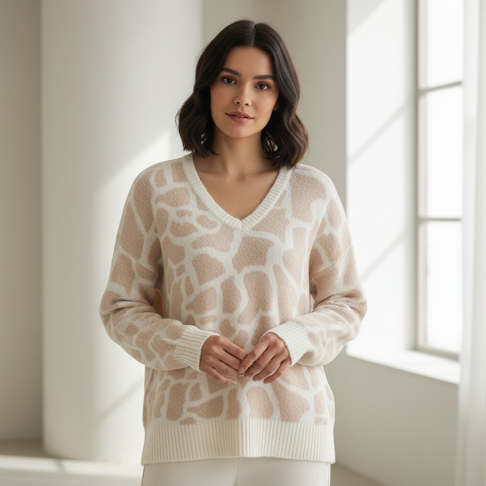 NEW Loft Cream Beige Animal V Neck Boho Cottage Cozy Hippie Sweater Size‎ S